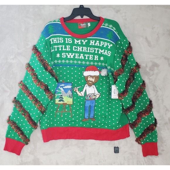 spencers workshop Other - Bob Ross Ugly Christmas Sweater Mens XL Happy Little Christmas Lights Up NWT